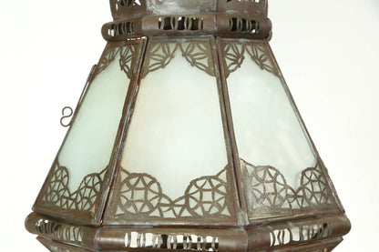 Vintage Moroccan Moorish Milk Glass Pierced Metal Lantern, Marrakech