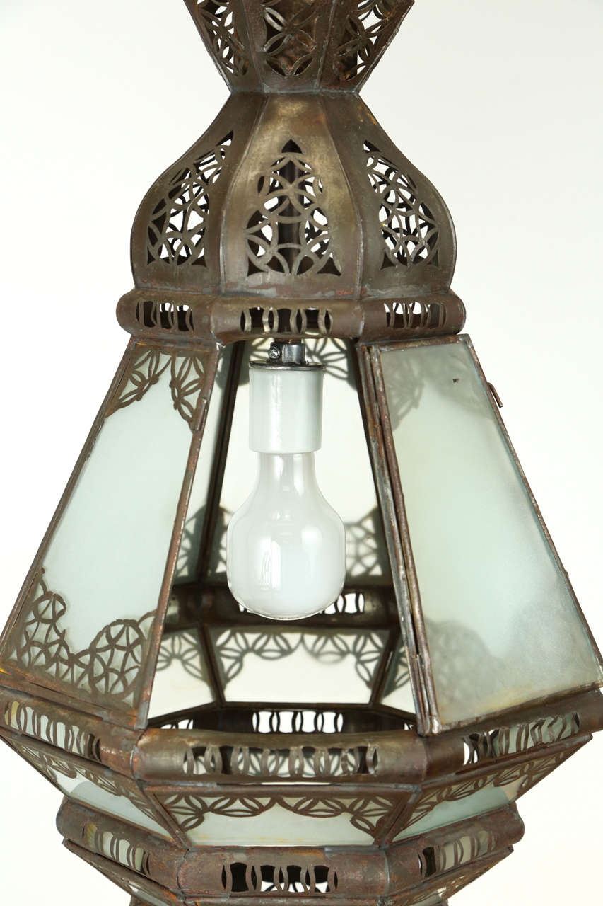 Vintage Moroccan Moorish Milk Glass Pierced Metal Lantern, Marrakech