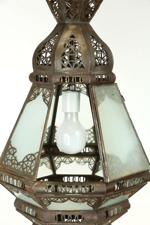 Moroccan Moorish Lantern with Filigree Designs and Milky Glass Pendant