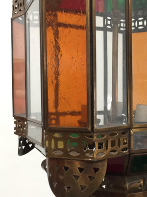 Moroccan Brass Light Fixture with Amber Colored Stained Glass