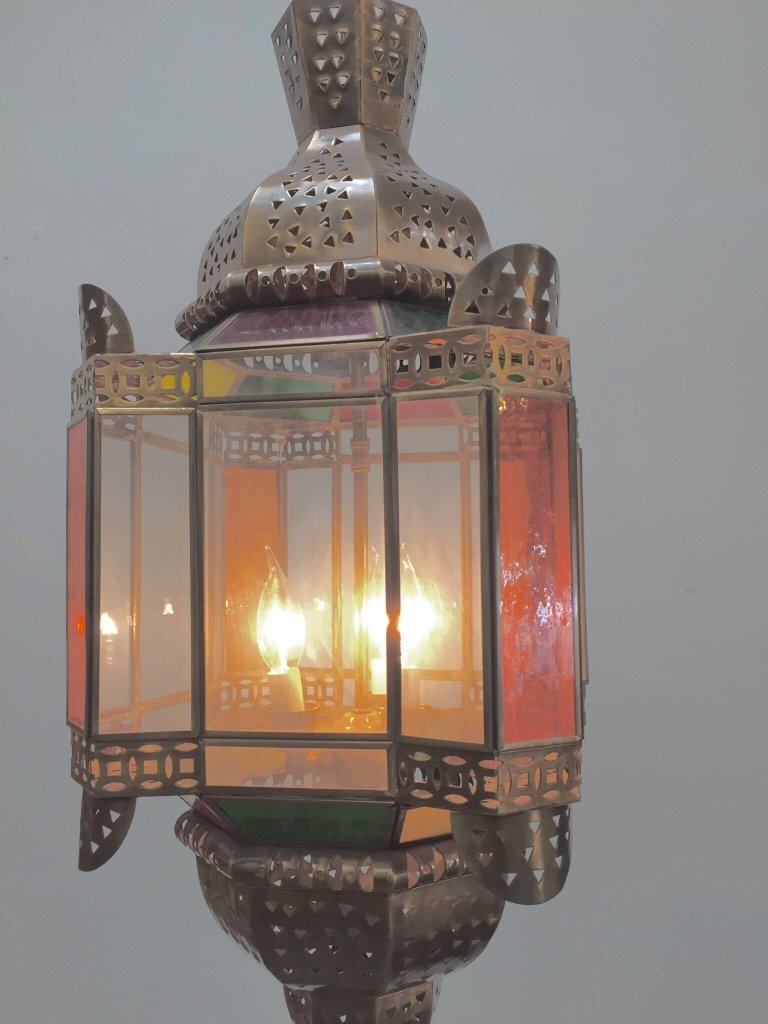 Moroccan Brass Light Fixture with Amber Colored Stained Glass
