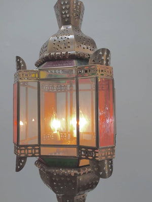 Moroccan Brass Light Fixture with Amber Colored Stained Glass