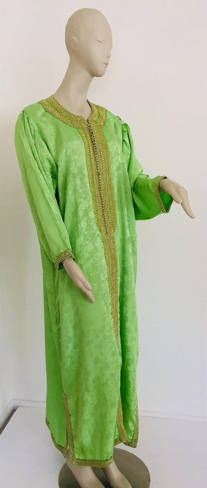 Elegant Moroccan Caftan Green and Gold Embroidered with Moorish Designs