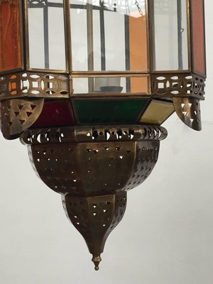 Moroccan Brass Light Fixture with Amber Colored Stained Glass