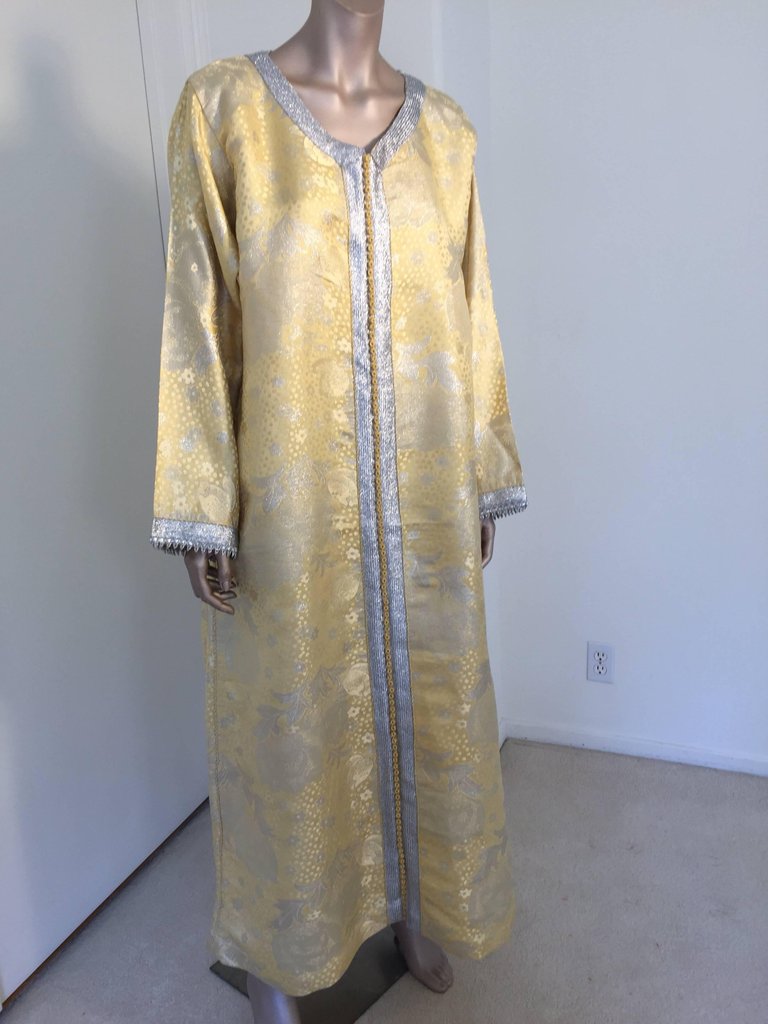 Metallic Gold and Silver Brocade 1970s Maxi Dress Caftan, Evening Gown Kaftan