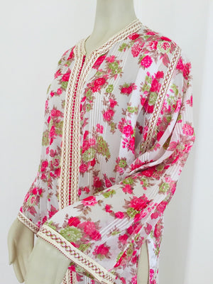 1970 Moroccan Caftan Metallic Pink Floral Silk Kaftan