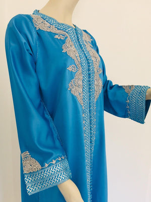 Moroccan Kaftan in Turquoise Blue and Silver