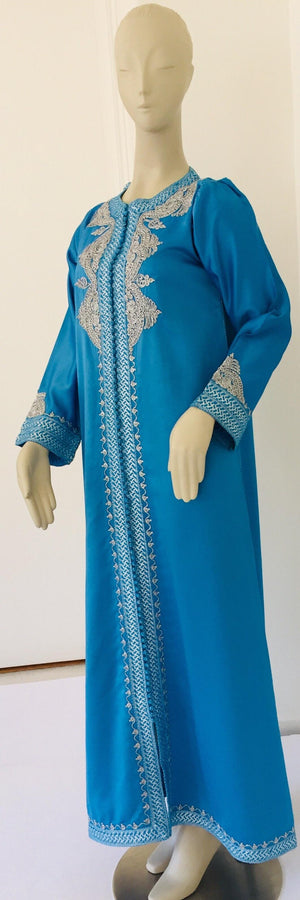 Moroccan Kaftan in Turquoise Blue and Silver