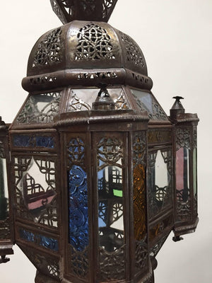 Moroccan Moorish Metal Lantern with Clear and Colored Glass