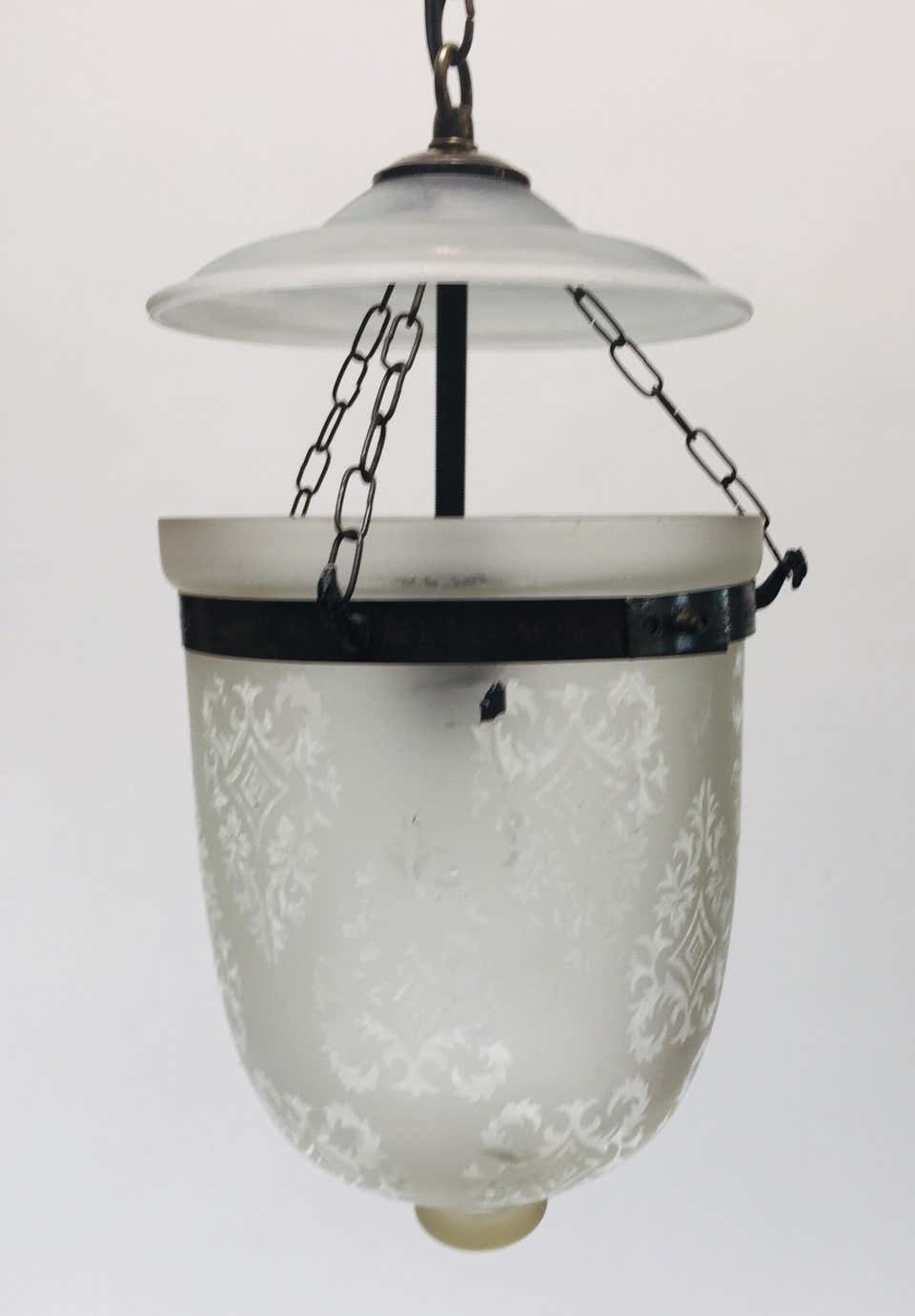 1970s Anglo-Indian Frosted Glass Bell Jar Lantern with Brass Fittings – view 2