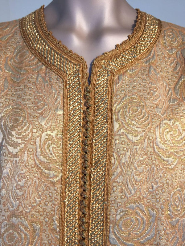 Moroccan Caftan in Gold Bronze Metallic Brocade, Maxi Gown