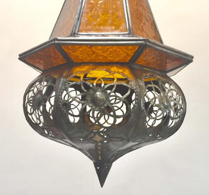 Moroccan Handcrafted Moorish Amber Glass Lantern Pendant