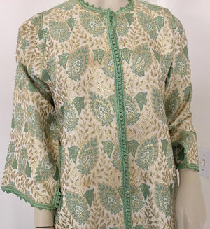 Vintage Moroccan Caftan Lime Green and Silver and Gold Metallic Floral Brocade