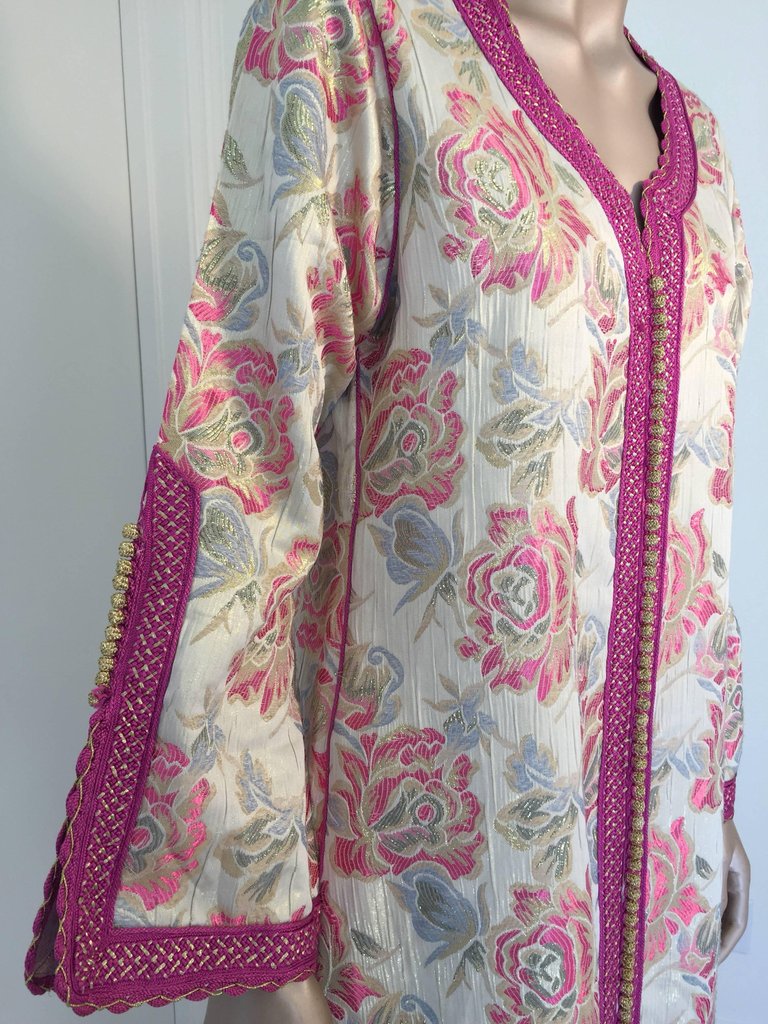 Vintage Moroccan Kaftan Brocade Embroidered with Pink and Gold Trim, circa 1970