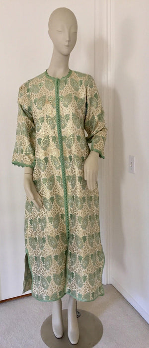 Vintage Moroccan Caftan Lime Green and Silver and Gold Metallic Floral Brocade