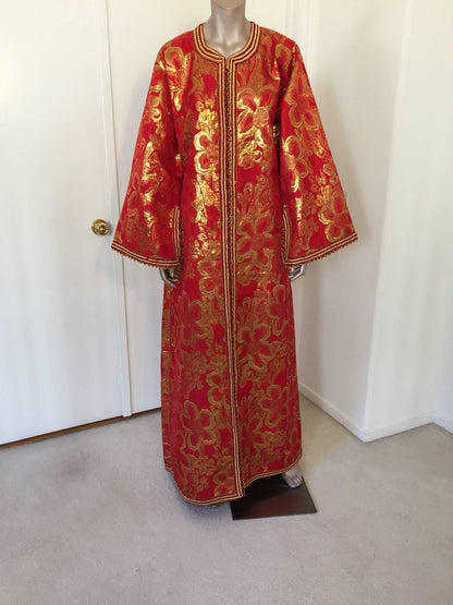 Vintage Moroccan Kaftan 1970s Red and Gold Floral Brocade Caftan Maxi Dress