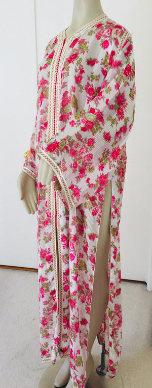 1970 Moroccan Caftan Metallic Pink Floral Silk Kaftan