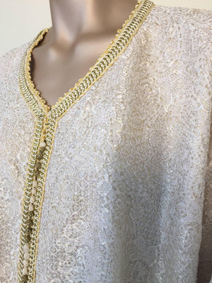 Moroccan Vintage Caftan in White and Gold Lace 1970s Kaftan Maxi Dress