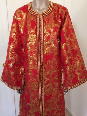 Vintage Moroccan Kaftan 1970s Red and Gold Floral Brocade Caftan Maxi Dress