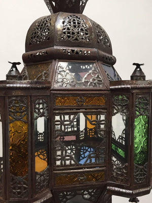 Moroccan Moorish Metal Lantern with Clear and Colored Glass
