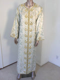 Moroccan Caftan, White Floral Brocade Kaftan Embroidered with Gold Threads