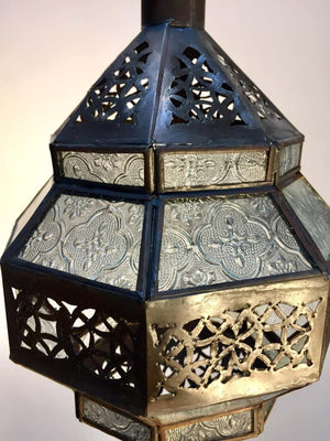 Vintage Moroccan Metal and Clear Glass Lantern, Octagonal Shape