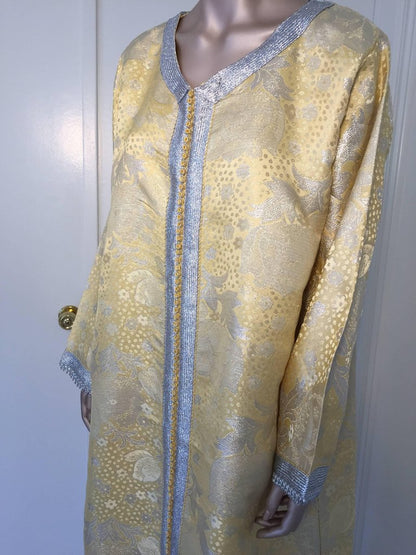 Metallic Gold and Silver Brocade 1970s Maxi Dress Caftan, Evening Gown Kaftan