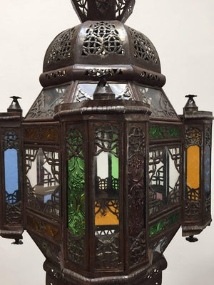 Moroccan Moorish Metal Lantern with Clear and Colored Glass