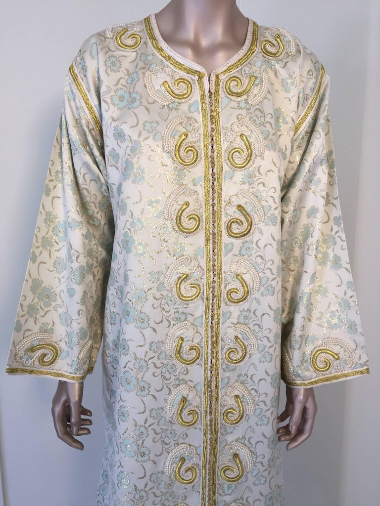 Moroccan Caftan, White Floral Brocade Kaftan Embroidered with Gold Threads