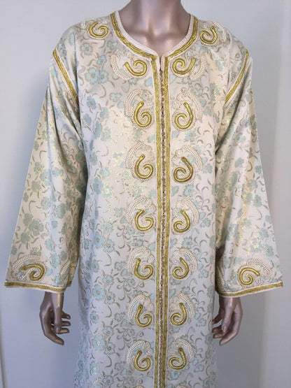 Moroccan Caftan, White Floral Brocade Kaftan Embroidered with Gold Threads