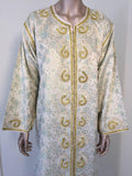 Moroccan Caftan, White Floral Brocade Kaftan Embroidered with Gold Threads