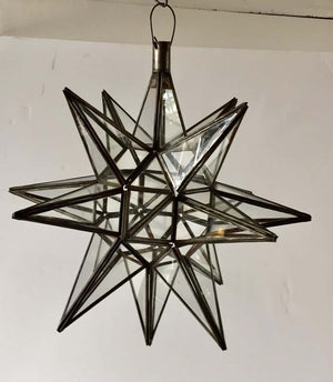 Moroccan Clear Glass and Metal Moravian Star Shape Lantern Pendant