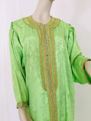 Elegant Moroccan Caftan Green and Gold Embroidered with Moorish Designs