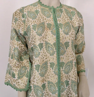 Vintage Moroccan Caftan Lime Green and Silver and Gold Metallic Floral Brocade