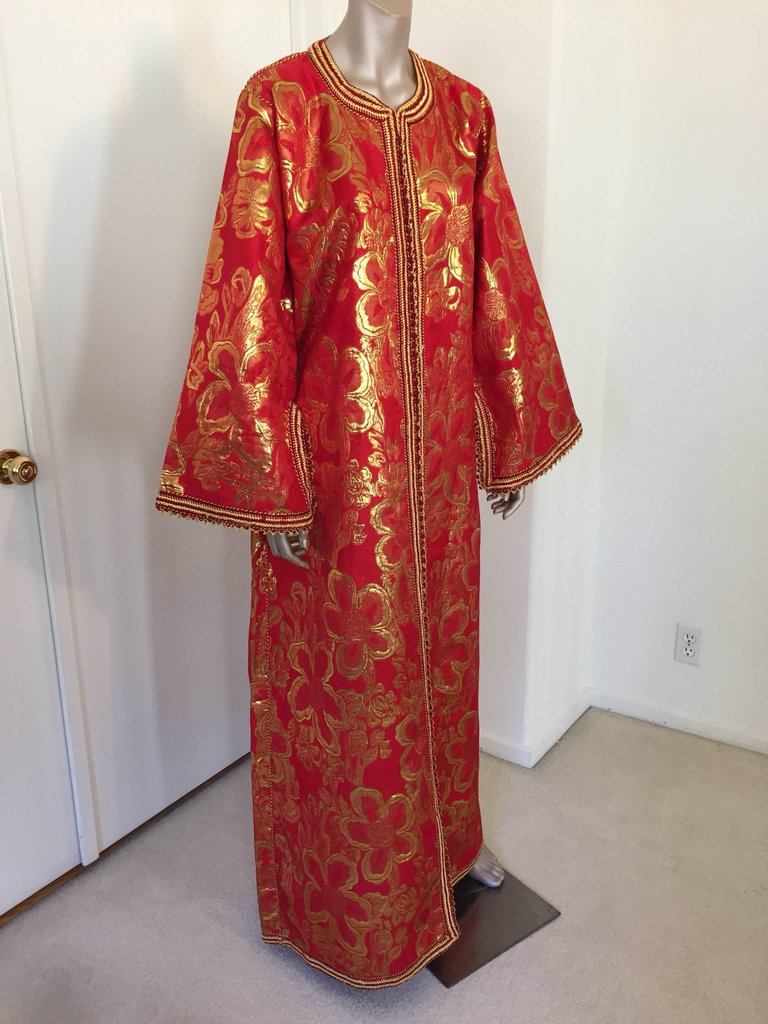 Vintage Moroccan Kaftan 1970s Red and Gold Floral Brocade Caftan Maxi Dress