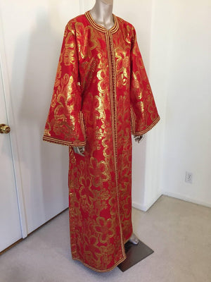 Vintage Moroccan Kaftan 1970s Red and Gold Floral Brocade Caftan Maxi Dress