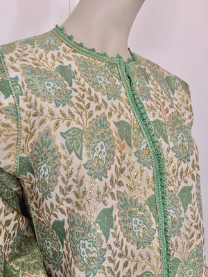 Vintage Moroccan Caftan Lime Green and Silver and Gold Metallic Floral Brocade