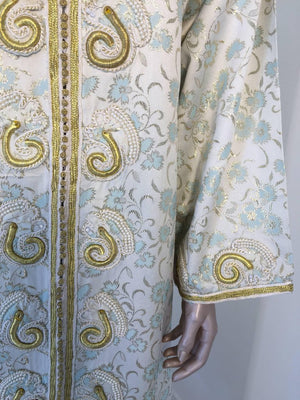 Moroccan Caftan, White Floral Brocade Kaftan Embroidered with Gold Threads