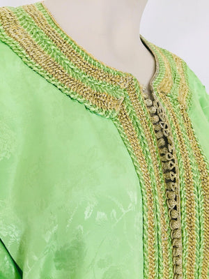 Elegant Moroccan Caftan Green and Gold Embroidered with Moorish Designs