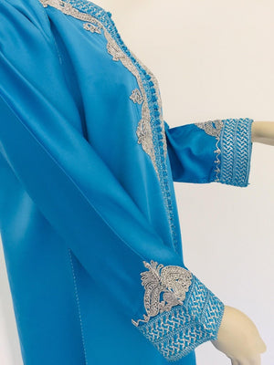 Moroccan Kaftan in Turquoise Blue and Silver