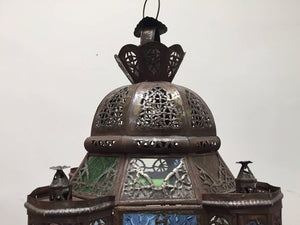 Moroccan Moorish Metal Lantern with Clear and Colored Glass