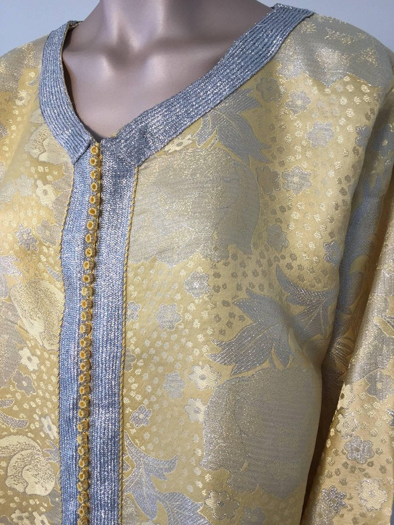 Metallic Gold and Silver Brocade 1970s Maxi Dress Caftan, Evening Gown Kaftan