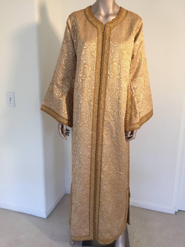 Moroccan Caftan in Gold Bronze Metallic Brocade, Maxi Gown Dress Kafta - E-mosaik Moroccan Caftan in Gold Bronze Metallic Brocade, Maxi Gown Dress Kafta - E-mosaik