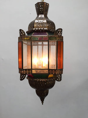 Moroccan Brass Light Fixture with Amber Colored Stained Glass