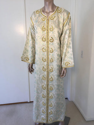 Moroccan Caftan, White Floral Brocade Kaftan Embroidered with Gold Threads