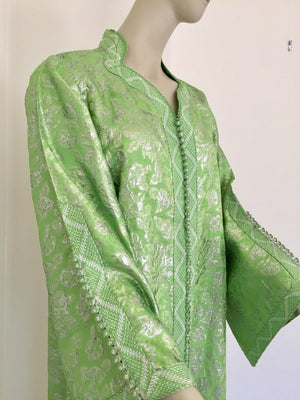 Moroccan Kaftan Lime Green and Silver Brocade