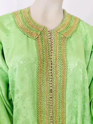 Elegant Moroccan Caftan Green and Gold Embroidered with Moorish Designs