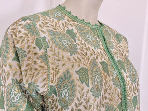 Vintage Moroccan Caftan Lime Green and Silver and Gold Metallic Floral Brocade