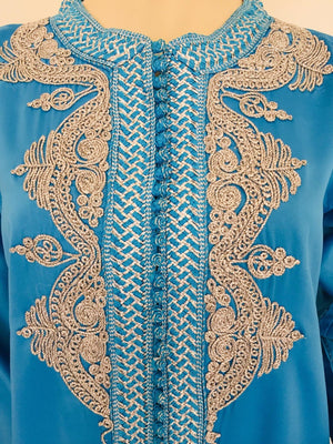 Moroccan Kaftan in Turquoise Blue and Silver