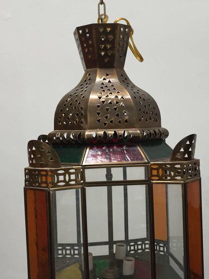 Moroccan Brass Light Fixture with Amber Colored Stained Glass